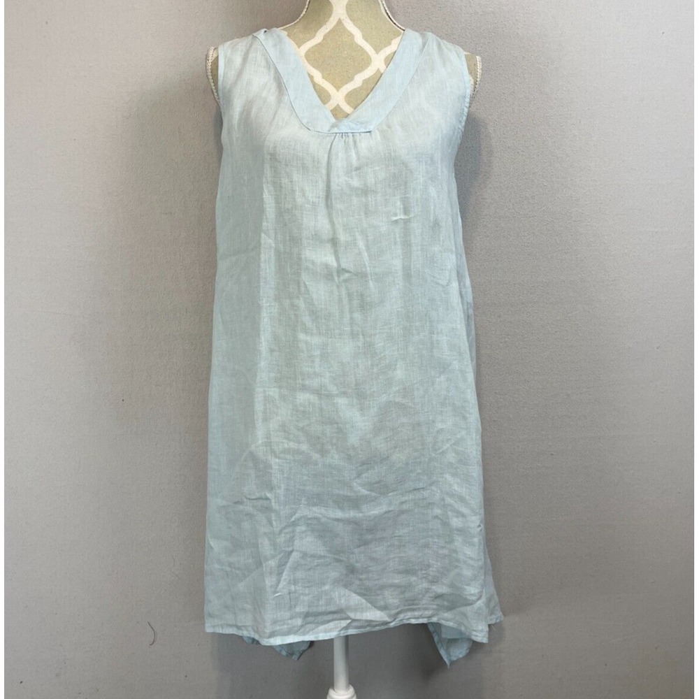 Match Point Linen Sleeveless Tunic Dress Light Blue V-Neck Tulip Back HLT541 S